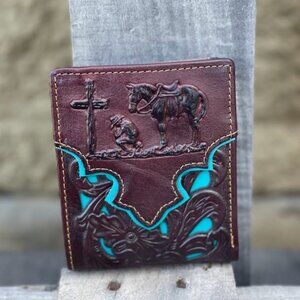 Embossed Praying Cowboy in Coffee Leather with Turquoise Inlay Bifold Wallet